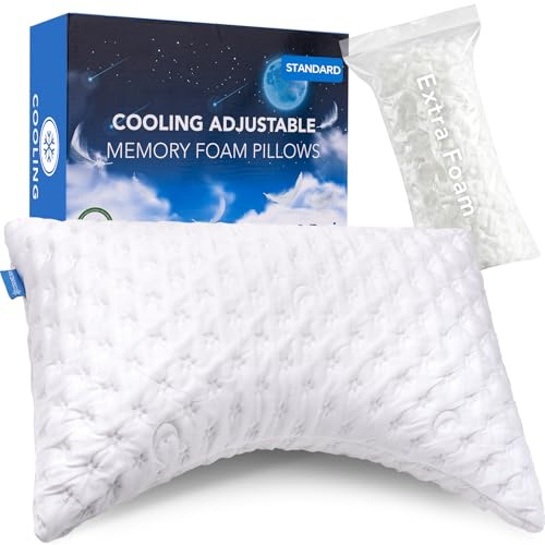 KUCEY Cooling Side Sleeper Pillow for Neck and Shoulder Pain, Luxury Shredded Memory Foam Curved Bed Pillows for Sleeping Set of 1- Adjustable Standard Size- Washable Cover Crescent White