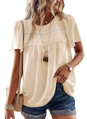 TUUHAW Bluse Damen Sommer Boho Top Kurzarm Oberteile Aprikose L