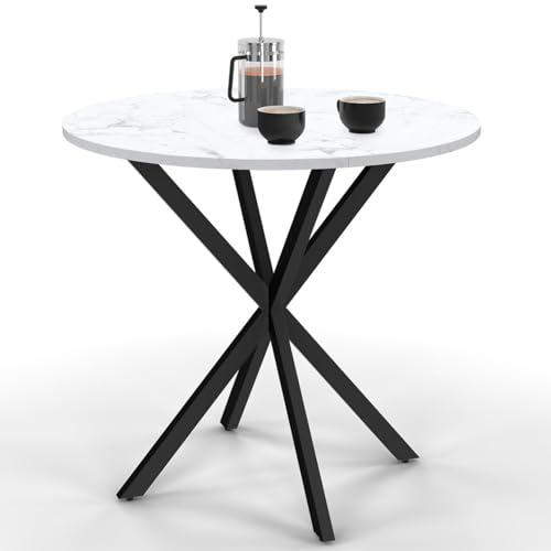 IDMarket - Table à Manger Ronde ALIX 2-4 personnes pied araignée Bois Effet marbre Blanc Alaska et Noir 80 cm