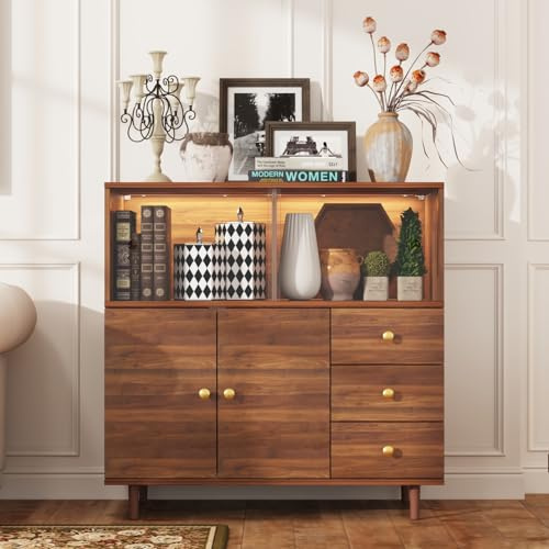 Küchenkabinett, Küchenschrank, Küchenschränke mit LED-Beleuchtung, Küchenbuffet mit 3 Schubladen, Buffetschrank mit Acryltüren, Esszimmerschrank mit Massivholzbeine, Wohnzimmer Küche, 40 x 90 x 90 cm
