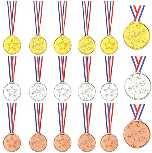 HABNI 15 Stück Medaillen Kinder, Goldmedaillen Kinder Sieger Medallien Super Medallien Podium Kindergeburtstag Kinder(5 Goldmedaillen + 5 Silbermedaillen + 5 Bronzemedaillen)