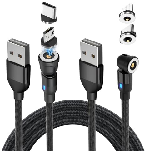 Magnetic Charging Cable 2 Pack (1m+2m) 10W Magnetic Phone Charger 540° 2-In-1 Data Transfer USB Cable 5V/2.4A for iPhone Samsung Type C Devices and Micro USB