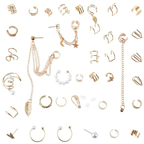 Nogeqi 30 pezzi Ear Cuff Gold Earcuffs Set finto piercing clip on orecchini a morsetto, orecchini regolabili in oro, clip per orecchio finto helix, cartilagine wrap cuff fake pircings orecchini senza