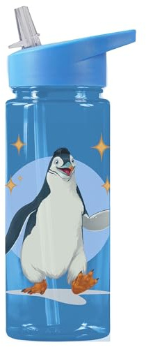 AWAVE Die Schule der Magischen Tiere Kinder Trinkflasche mit Strohhalm 500 ml Transparent rPET Wasserflasche Auslaufsicher BPA-frei Nachhaltig Schule Kindergarten Sport, Blau Pinguin Juri