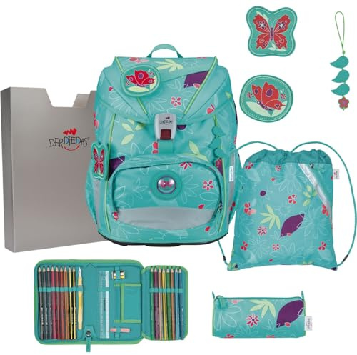 DerDieDas Schulranzen ErgoFlex Light Set 6-teilig Butterfly Garden türkis