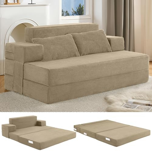Fantico 3-in-1 Schlafsofa 150 x 200 cm – Schlafsessel mit Bettfunktion, klappbares Bettsofa, Faltbare Schlafcouch mit integrierten Rückenkissen & separatem Kissen, waschbarer Bezug, Helltaupe