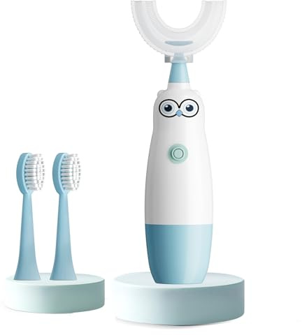 Hikid Kids Electric Toothbrush，360-Degree Sonic Vibration, IPX7 Waterproof,Toddler U Shaped Toothbrush with 2 Soft Brush Head,Cute Owl Design Baby Toothbrush for Ages 8–13（Blue）
