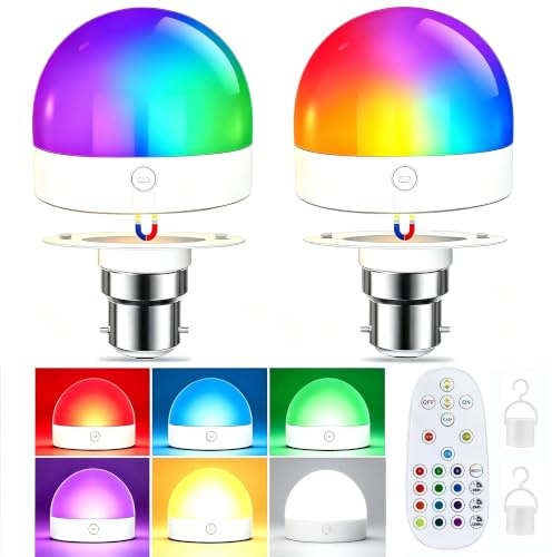 B22 Rechargeable Light Bulb, Bayonet Colour Changing with Remote Control | Detachable Cordless Bulb for Non - Hardwired Lamps, Night Light, 3CCT+ 12 RGB Colours