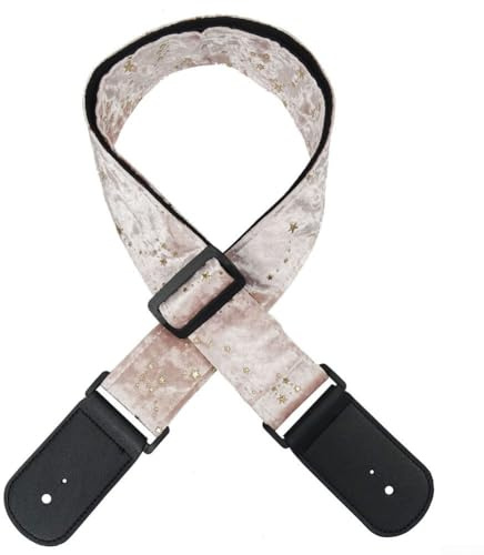 Bunter Gurt mit Sternenmuster für Akustik- und Bassgitarren, bequemer Samt mit Lederenden (Rosa)