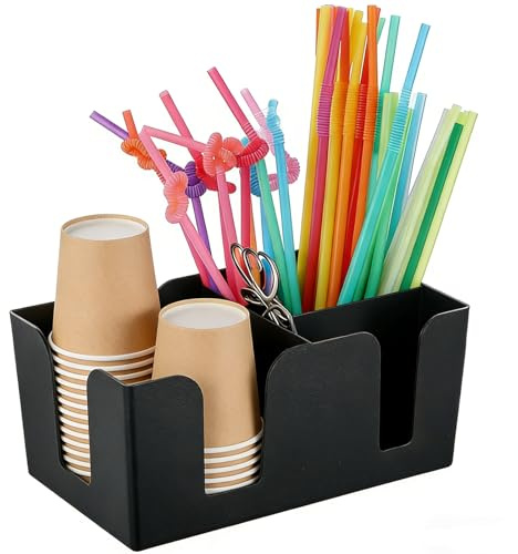 Punorric Coffee Station Organizer - Black Coffee Cup Holder & Bar Caddy, Coffee Bar Accessories with Napkin/Cup Storage, Counter Top Storage for Home/Office/Café/Tea Box Organiser