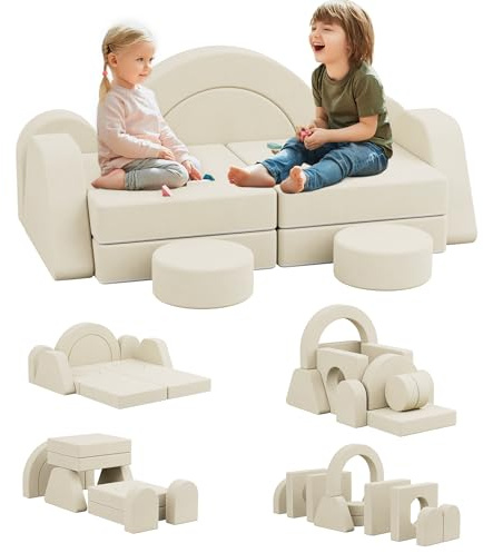 NACHES Spielsofa für Kinder, Modulares Kindersofa aus Schaumstoff, Kord, Kindercouch waschbar, Schlafsofa für Kinderzimmer (Beige, 2-Sitzer)