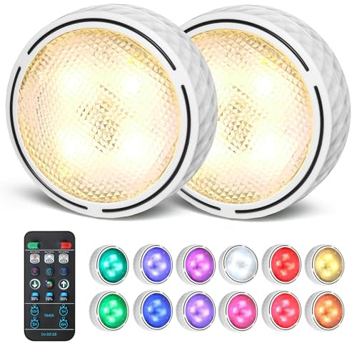 EZSION Puck Lights with Remote, 3 White Tones + 13 RGB Colors, 2 Pack-White