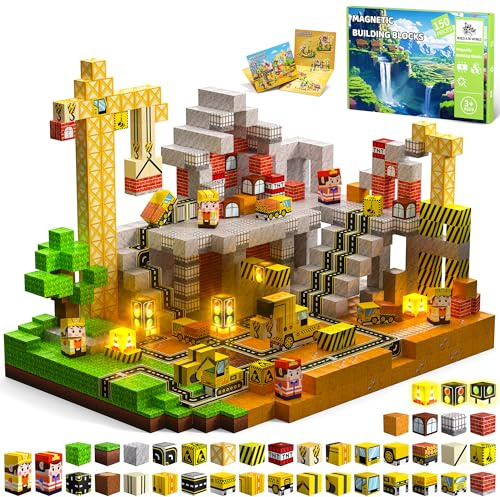 SSAWER Magnetische Bausteine Leuchtend,150 Teile Magnetbausteine(Baustelle) | Montessori Kreative Spielzeug für Junge und Mädchen ab 3 Jahren, Magnetic Building Blocks, Geschenk für Kinder, 2cm Bauklötze