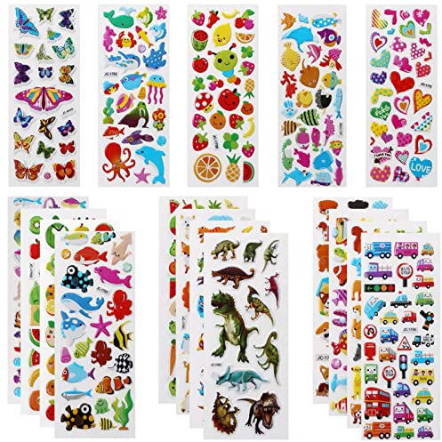 Vicloon 3D Aufkleber, 22 Blätter 550+ Verschiedene 3D Stickers Geschwollene, Aufkleber Einschließlich Tiere, Dinosaurier, Autos, Zahlen, Früchte, Flugzeug und Mehr