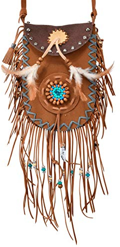 shoperama Damen Umhängetasche mit Fransen Federn Perlen Indianerin Hippie Cowgirl Festival Ethno Kostüm-Zubehör
