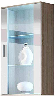 Hängevitrine SOHO Hängeschrank Wandvitrine mit Blauer LED Beleuchtung (Sonoma/Weiß Hochglanz)