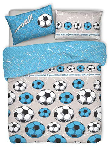 PENSIERI DELICATI Parure Copripiumino Matrimoniale 100% Cotone, Completo di Sacco 250x200cm e 2 Federe 52x82cm, Made in Italy, Copripiumino Lavabile In Lavatrice A 40°, Fantasia Calcio Azzurro