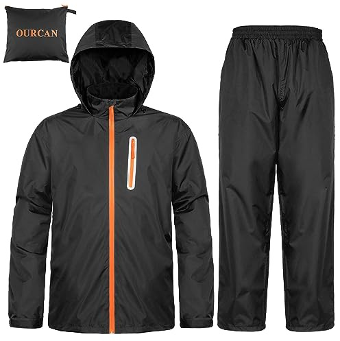 Ourcan Rain Suits for Man Waterproof Lightweight Hooded Rain Gear Rainwear Packable Raincoat Golf,Running,Fishing,Hiking,Cycling (S, Black)