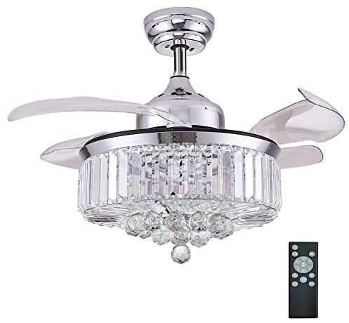 Ventilador de techo de 36 pulgadas con luces, retráctil regulable colgante Fandelier Ventilador de techo de cristal con control remoto LED para dormitorio sala de estar pulido moderno cromo plateado