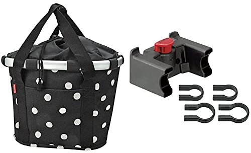 KlickFix Damen Fahrradkorb, Black Dots, 35 x 28 x 26 cm & Zubehör Lenkeradapter mit Schloss, Schwarz, One Size