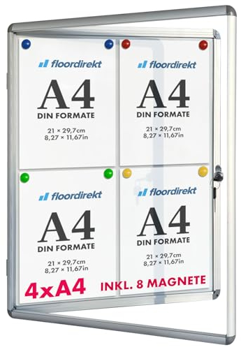 Floordirekt Vetrina 4 x A4 con 8 calamite, cassetta da appendere con cornice in alluminio e vetro acrilico