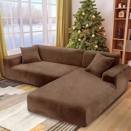 NAKIHOUSE Dicke Samt Sofa Überwürfe Sofabezug mit einem Kissenbezug, Superweicher Elastische Sofa Abdeckung in braun Farbe für 1/2/3/4 Sitzer（L-förmiges Ecksofa erfordert Zwei）