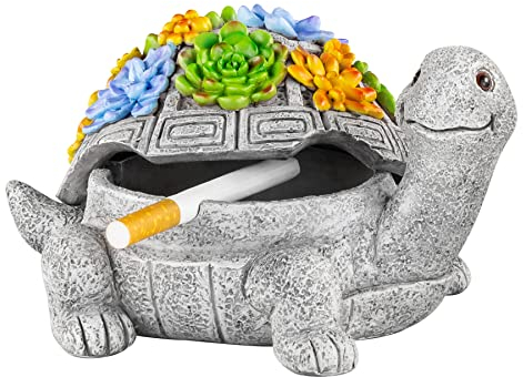 Grovind Outdoor Ashtray with Lid Smokeless Waterproof Ash Tray with Cute Turtle Decor, Indoor Ashtray for Cigarettes Home Office, Porch Patio Decorations