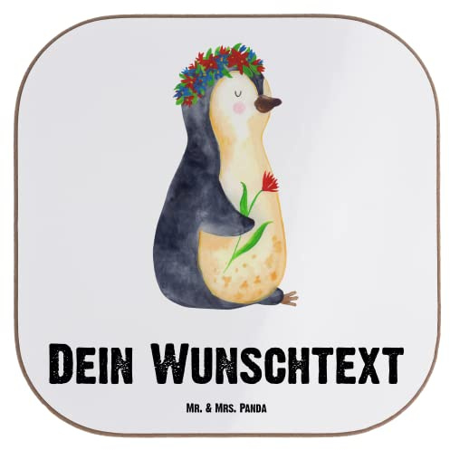 Mr. & Mrs. Panda Personalisierter Bierdeckel Pinguin Blumen - Personalisierte Geschenke, Leben, Wünsche, Glasuntersetzer personalisiert, untersetzer Bedruckt, Positiv, Geschenkidee