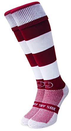 WackySox - Maroon and White Hoop Rugby Socks, Sports Socks for Men and Women, Perfect for Riding, Football, Running, Hockey and Other Sports