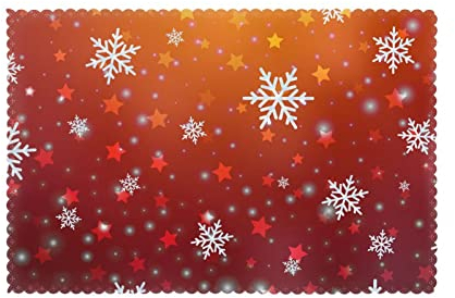 Tischsets, 6er-Set, Weihnachtsschneeflocken, Sterne, roter Hintergrund, Tischsets, hitzebeständig, rutschfest, waschbar, Platzdeckchen 30 x 45 cm