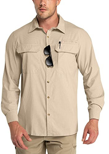Outdoor Ventures Men's Long Sleeve Shirts UV Protection Outdoor Shirts Breathable Button-Down Shirt Wicking Quick Drying Safari Shirt with Pockets for Hiking Fishing Golfing, Khaki, XXL