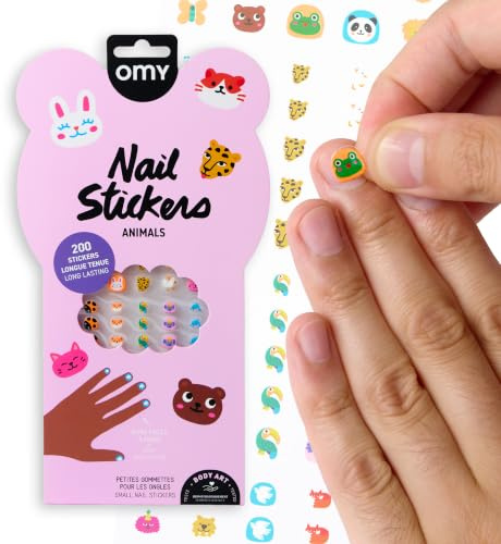 Omy Nagelsticker Tiere für Kinder – 200 Nagelaufkleber, wasserfest, langlebig, lustig und kreativ | Waterproof | Einfach anzuwenden, sicher und ungiftig | Ab 3 Jahren