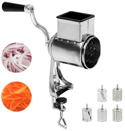 KEESUNG Manuelle Drum Trommelreibe, Gemüseschneider mit 5 Edelstahl Drum Rotationsreibe Gemüsehobel Profi Salat Gemüseschneider für Kartoffeln, Gurken und Anderes Gemüse und Obst