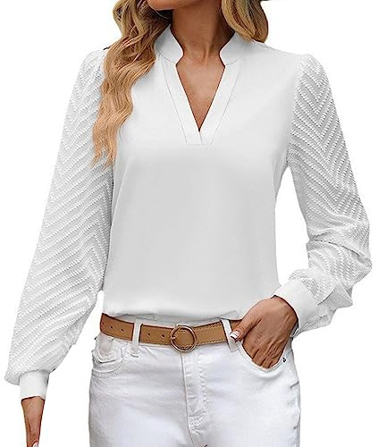 Kswlwccpp Bluse Damen Sommer, 2025 Chiffon Bluse Damen Langarm V-Ausschnitt Hemdbluse Festliche Oberteile Casual Longbluse Modern Weiße Bluse Trachtenbluse