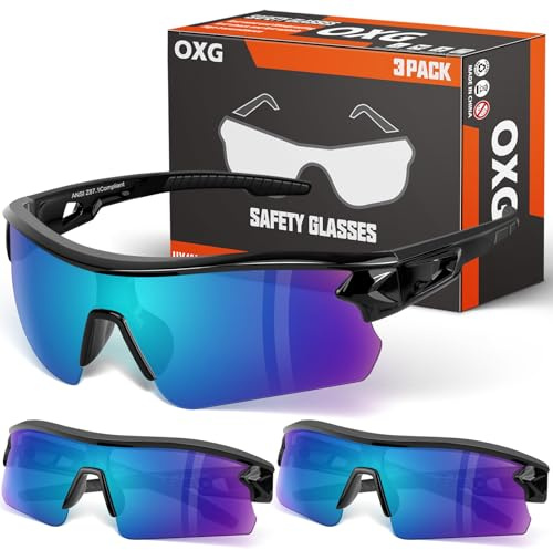 OXG Paquete de 3 lentes de seguridad tintados para hombre, ANSI Z87.1, lentes de trabajo resistentes a los arañazos, resistentes a los impactos, gafas protectoras para tiro industrial