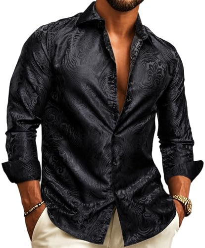 Barry.Wang Camicia da Uomo in Seta di Lusso Paisley Floreale Manica Lunga Grande e Alta per Matrimoni, Feste, Casual, Business, Formale, Nero , L