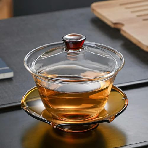 HGYEDA Set da tè da Viaggio in Vetro Resistente al Calore Gaiwan da 200 ml, Coperchio Trasparente, piattino, Tazza da tè Grande, zuppiera