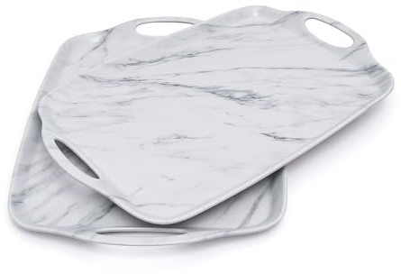 TP Serving Trays with Handles, 17 x 12 Inch Melamine Serving Platters for Food, Meat, Set of 2 Rectangular Trays for Eating, White Marble