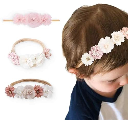 AIYVELU 3-delat pannband för bebisflickor med blomma elastiskt hårband, blomma elastiskt hårbandstillbehör för nyfödd baby småbarn, perfekt för daglig användning eller fotografering