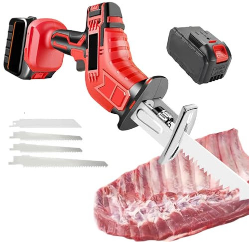 AUTUMFLATGAO Sierra Recíproca Inalámbrica, Sierra De Carnicero con Luz LED, Sierra Eléctrica Manual para Huesos, para Corte De Huesos/Carne/Madera/Metal/PVC, Hoja De Sierra De 4 Piezas