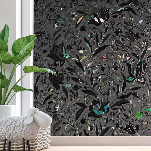 Zindoo Black Tulip Privacy Window Film, Non-Adhesive Decorative Anti-UV Frosted Film for Office, Bathroom, Bedroom, Meeting Room, 59.5 x 200 cm