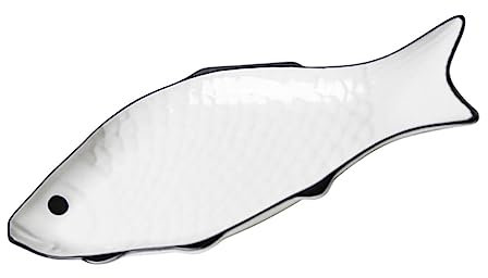 Amosfun Ceramic Fish Steaming Plate Small Fish-Shaped Steamed Fish Dish Microwave Safe Porcelain Steamer Plate for Home Kitchen Serving
