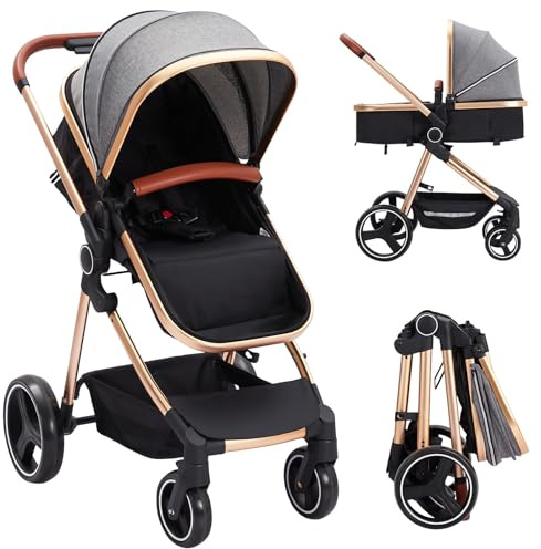 Passeggino 3 in 1, passeggino combinato con sistema da viaggio, colore oro, con alta campagna, pieghevole, con cintura di sicurezza a 5 punti, telaio in alluminio