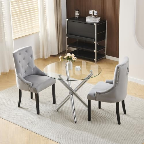 Homullel Round Dining Table and Chairs Set 2 Seater Kitchen Dining Set, 3 Pieces Table & Chairs Dinner Table Set for 2 (90cm Glass Table, 2 Seats, Light Gray Velvet Knocker)