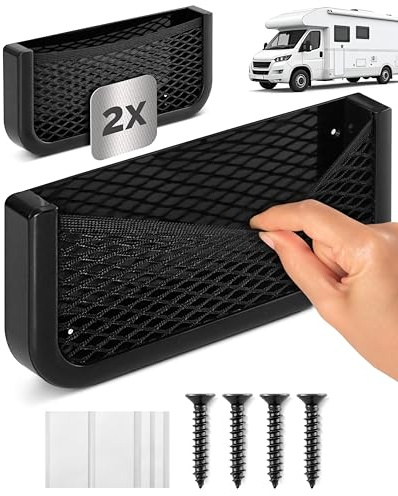Vicera Rete portaoggetti per camper e camper, set da 2 pezzi, in plastica robusta e rete elastica, materiale di montaggio incluso