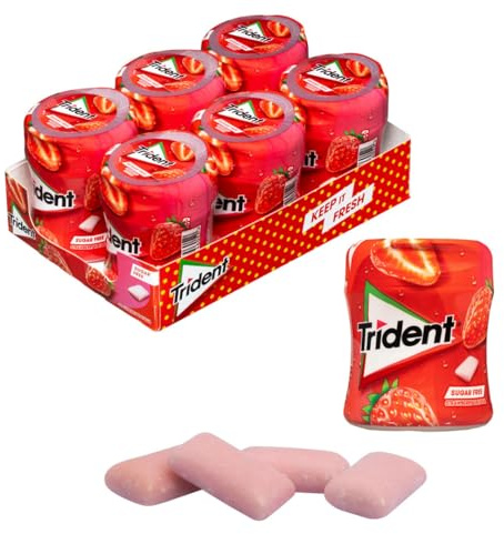 iChuches- Chicle sin azúcar de larga duración Trident. Refrescante, sin calorías, ideal para el aliento (6 botes, grageas fresa)