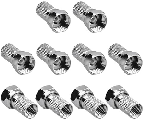 10 Pack F Male Plug Connectors, Micro Screw Twist On Aerial Coaxial Cable RG6 Connectors Bulk Type Cable, Nickel Plated Adapters for RG59 TV Satellite Box Modem Antenna Waterproof Reusable Fitting
