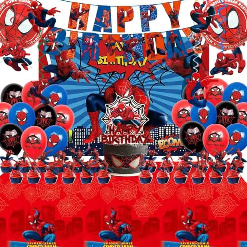 51PCS spidey birthday party supplies, backdrop, Happy Birthday banner,tablecloth, large aluminum balloon, small aluminum balloons, latex balloons, cake topper,cupcake toppers, hanging swirls
