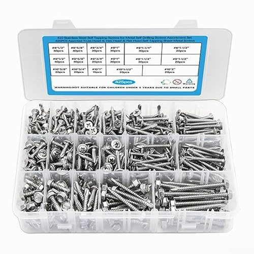 425 tornillos autorroscantes de acero inoxidable perfectos para reparaciones rápidas en metal y madera