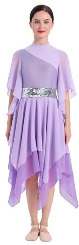 IBAKOM Praise Dance Tunic Metallic Liturgical Dancewear Lilac Medium | Women Metallic Top Chiffon Cap Sleeve Flowy Skirt Glitter Church Worship Dance Overlay Vestido de Danza Cristiana Para Mujer